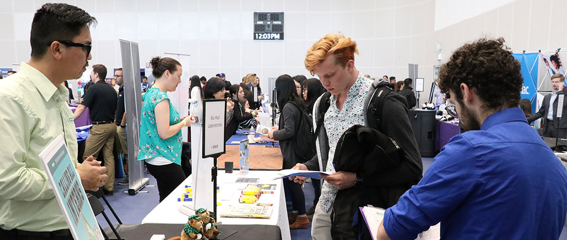 visitor at career fair looking at materials