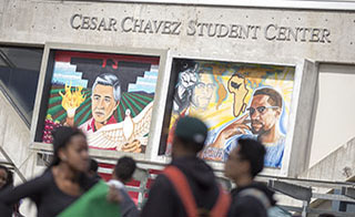 Murals of Cesar Chavez and Malcom X at Cesar Chavez Student Center
